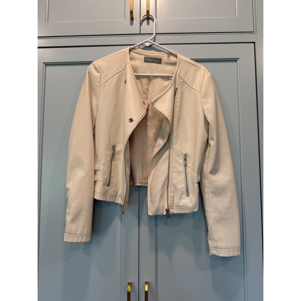 Bagatelle Womens Cream Faux Leather Moto Jacket Collarless Biker Zip Off-White S